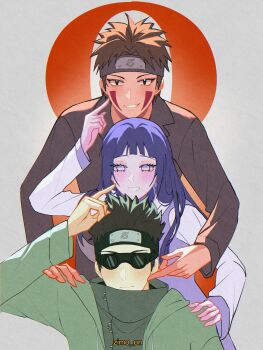 1girl 2boys absurdres aburame_shino artist_name black_headband black_jacket blunt_bangs blush brown_hair closed_mouth facial_mark finger_to_another's_cheek goggles green_jacket grey_eyes hand_on_another's_shoulder headband highres hime_cut hyuuga_hinata inuzuka_kiba jacket konohagakure_symbol looking_at_viewer multiple_boys naruto_(series) naruto_shippuuden no_pupils parted_lips purple_hair short_hair smile teeth upper_body white_jacket zimo_on