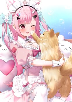 1girl ahoge animal animal_ear_fluff animal_ears bandaid bandaid_hair_ornament black_choker blue_bow blurry blurry_background blush bow breasts cat cat_choker cat_ears cat_girl choker cleavage cleavage_cutout clothing_cutout collarbone commentary crossed_bandaids dress english_commentary extra_ears eye_contact faubynet fingernails fish_hair_ornament ghost_hair_ornament hair_bow hair_ornament hairclip heart heart_hair_ornament highres holding holding_animal holding_cat indie_virtual_youtuber large_breasts long_hair looking_at_another maid maid_headdress muchao_(yuuki_sakuna) nail_polish o-ring o-ring_choker one_eye_closed open_mouth orange_cat paw_print pet petting pink_background pink_bow pink_dress pink_eyes pink_hair pink_nails short_sleeves smile sparkle star_(symbol) stuffed_ghost stuffed_toy thighhighs thighs two-tone_bow two_side_up virtual_youtuber white_thighhighs white_wrist_cuffs wing_hair_ornament wrist_cuffs yellow_cat yuuki_sakuna yuuki_sakuna_(1st_costume)