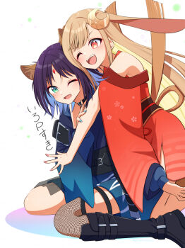 Rule 34 | 2girls, animal ears, black boots, black choker, blonde hair, blue hair, blue kimono, blue nails, blush, boots, braid, brown hair, cho kaguya-hime!, choker, clothing cutout, colored inner hair, commentary request, crescent, crescent hair ornament, egasumi, fishnet pantyhose, fishnets, forehead jewel, fox ears, fox girl, gomasho asuka, green eyes, hair ornament, highres, hug, hug from behind, japanese clothes, kaguya (cho kaguya-hime!), kimono, long hair, multicolored hair, multiple girls, nail polish, open mouth, pantyhose, rabbit ears, rabbit girl, red eyes, red kimono, sakayori iroha, shoulder cutout, simple background, single braid, sitting, teeth, thigh strap, translated, upper teeth only, wariza, white background, yuri