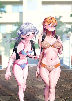 2girls arashi_chisato backpack bag bra breasts eggprotain hair_bun large_breasts long_hair love_live! love_live!_superstar!! medium_breasts multiple_girls navel orange_bra orange_hair orange_panties outdoors panties pink_bra pink_panties purple_eyes red_eyes shibuya_kanon twintails underwear underwear_only white_hair