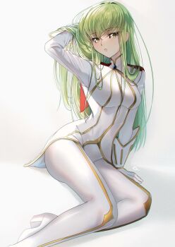 1girl arm_behind_head breasts budgiepon c.c. code_geass female_focus gloves green_hair high_heels highres long_hair simple_background small_breasts white_background white_gloves yellow_eyes