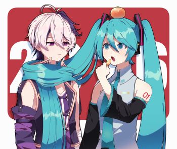 Rule 34 | 2026, 2girls, antenna hair, bandaged arm, bandages, blue eyes, blue hair, collared shirt, commentary request, detached sleeves, eating, flower (vocaloid), flower (vocaloid4), food, food on head, fruit, fruit on head, hair ornament, hair scarf, hatsune miku, holding, holding food, kazuse616, long hair, long sleeves, looking at another, looking to the side, mandarin orange, multiple girls, necktie, new year, object on head, open mouth, purple eyes, purple hair, shirt, short hair, sleeveless, sleeveless jacket, sleeveless shirt, striped sleeves, twintails, upper body, very long hair, vocaloid, white hair