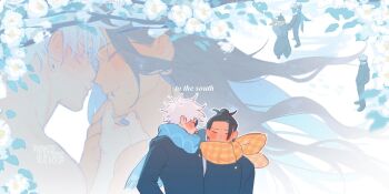 2boys black_hair black_jacket blue_eyes blue_scarf branch bvinhster colored_eyelashes commentary dated_commentary earrings face_piercing floating_hair flower getou_suguru gojou_satoru highres holding_hands jacket jewelry jujutsu_kaisen jujutsu_tech_uniform lip_piercing long_hair long_sleeves male_focus multiple_boys multiple_views orange_scarf piercing round_eyewear scarf short_hair standing stud_earrings sunglasses tree very_long_hair white_flower white_hair yaoi