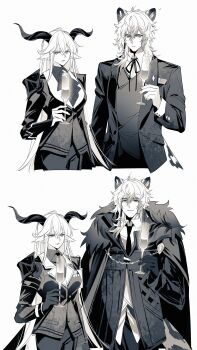 1boy 1girl absurdres animal_ear_fluff animal_ears arknights black_gloves black_jacket black_necktie breasts cape champagne_flute closed_mouth coat collared_shirt cup degenbrecher_(arknights) dress_shirt drinking_glass formal_clothes fur-trimmed_cape fur-trimmed_coat fur-trimmed_jacket fur_trim gloves goat_ears goat_girl goat_horns greyscale hair_between_eyes highres holding holding_cup horns jacket lapels long_hair long_sleeves looking_at_viewer medal monochrome neck_ribbon necktie notched_lapels open_clothes open_jacket pants parted_lips pienahenggou ribbon shirt silverash_(arknights) simple_background snow_leopard_boy snow_leopard_ears snow_leopard_tail suit tail very_long_hair vest white_background wine_glass