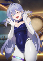 Rule 34 | 1girl, absurdres, alternate costume, aqua eyes, blue bow, blue bowtie, bow, bowtie, breasts, cleavage, commentary request, covered navel, cowboy shot, detached collar, elbow gloves, facial mark, gloves, grey hair, hands up, highres, honkai: star rail, honkai (series), indoors, leotard, long hair, medium breasts, pantyhose, pomerui, revision, robin (honkai: star rail), solo, standing, strapless, strapless leotard, thigh strap, thighs, very long hair, white gloves, white pantyhose
