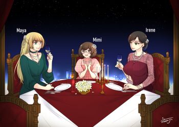 absurdres black_hair blonde_hair blue_eyes brown_eyes brown_hair candle character_name commission cup dress drinking_glass glasses green_eyes highres hotel irene_(ricky_barnes) jewelry makeup maya_(ricky_barnes) mimi_(ricky_barnes) mother_and_daughter necklace night night_sky original plate restaurant ring skeb_commission sky tablecloth takemiya_jin utensil wedding_ring wife_and_wife window wine_glass yuri