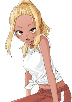 1girl bare_arms blonde_hair hashtag-only_commentary henfrey14 highres ichinose_karina looking_at_viewer lower_teeth_only manemane_nichinichi midriff navel open_mouth orange_eyes pants red_pants shirt simple_background sitting sleeves_rolled_up solo tan teeth tied_shirt track_pants white_background white_shirt