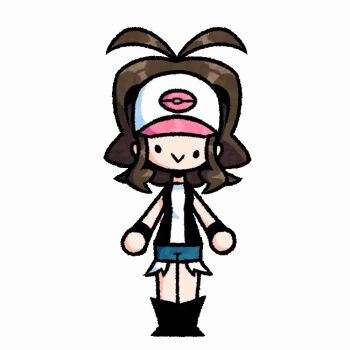 1girl :&gt; animated animated_gif bare_legs baseball_cap black_vest blue_shorts breasts brown_hair chibi denim denim_shorts full_body hat high_ponytail hilda_(pokemon) looking_ahead multiple_views nintendo pokemon pokemon_bw ponytail shirt short_shorts shorts sidelocks simple_background small_breasts smile solo standing thecappuccino04 turnaround vest white_background white_shirt wristband