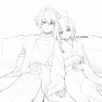 Rule 34 | 1boy, 1girl, acheron (honkai: star rail), acheron (izumo) (honkai: star rail), artist name, blunt bangs, couple, hair between eyes, head tilt, heads together, highres, honkai: star rail, honkai (series), horns, japanese clothes, kimono, leaning on person, leaning to the side, long hair, long sleeves, looking at viewer, mojihuaran, monochrome, open mouth, parted lips, phainon (honkai: star rail), sash, sitting, wide sleeves