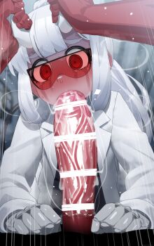 1boy 1girl absurdres bar_censor blush censored demon_girl demon_horns ear_blush erection fellatio goggles helltaker hetero highres horn_grab horns irrumatio lab_coat large_penis large_variant_set long_hair long_sleeves looking_at_viewer loremaster_(helltaker) mizumizuni motion_lines nose_blush oral penis pov red-tinted_eyewear red_eyes saliva saliva_trail solo_focus sweat tears tinted_eyewear variant_set white_hair white_horns