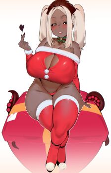 1girl absurdres arm_support bare_shoulders black_eyes blush box breasts cleavage commentary crossed_legs dark-skinned_female dark_skin english_commentary finger_heart gift gift_box grey_hair highres huge_breasts long_sleeves looking_at_viewer mole mole_under_eye naxius_noxy on_box original red_thighhighs simple_background sitting skindentation solo thighhighs twintails white_background