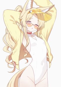 Rule 34 | 1girl, ;o, absurdres, animal ear fluff, animal ears, arm behind head, arm up, bare shoulders, blonde hair, blue archive, breasts, commentary, covered navel, fox ears, highleg, highleg one-piece swimsuit, highres, jacket, long hair, long sleeves, official alternate costume, one-piece swimsuit, one eye closed, orange visor, pink eyes, seia (blue archive), seia (swimsuit) (blue archive), simple background, small breasts, small sweatdrop, solo, suoniko, swimsuit, tinted eyewear, very long hair, visor cap, white background, white one-piece swimsuit, yellow jacket
