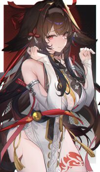 1girl absurdres animal_ears bare_shoulders border breasts brown_hair chinese_clothes commentary detached_sleeves dress groin hairband highres horse_ears horse_girl horse_tail large_breasts leg_tattoo long_hair no_panties pelvic_curtain pepeti_q red_background red_eyes solo tail tattoo thighs very_long_hair white_border white_dress white_hairband ye_shunguang zenless_zone_zero