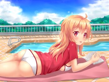 1girl :p artist_self-insert ass bikini blush book bra breast_press breasts brown_hair butt_crack female_focus highres large_breasts long_hair looking_at_viewer lying naughty_face no_pants nottytiffy on_stomach orange_hair original panties pool poolside red_eyes shiny_skin shirt smile solo swimsuit t-shirt tiffy_(nottytiffy) tongue tongue_out underwear