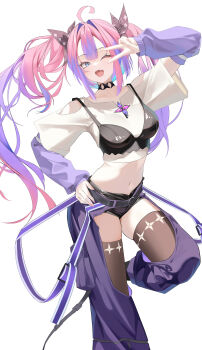 1girl ;d absurdres black_bow black_bra black_choker black_shorts black_thighhighs blue_eyes bow bra bra_over_clothes breasts center-flap_bangs choker clothing_cutout colored_inner_hair commentary cropped_shirt double-parted_bangs fang gradient_hair hair_between_eyes hair_bow hair_intakes hand_on_own_hip hand_up highres hololive hololive_dev_is kikirara_vivi kikirara_vivi_(1st_costume) long_hair medium_breasts midriff multicolored_hair navel one_eye_closed open_mouth pants pink_hair purple_arm_warmers purple_hair purple_pants shirt shorts shoulder_cutout simple_background skin_fang smile solo t-shirt tanishi_(hetianming11093) thigh_cutout thighhighs twintails underwear v v_over_eye very_long_hair virtual_youtuber white_background white_shirt
