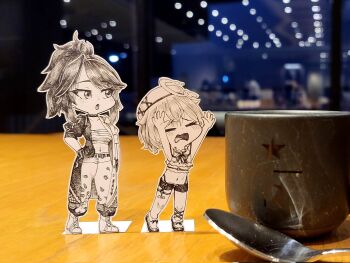 Rule 34 | 2girls, amemiya nazuna, amemiya nazuna (1st costume), breasts, chest sarashi, closed eyes, collar, commentary, corrupted twitter file, crop top, cup, english commentary, frown, gloves, graphite (medium), greyscale, hand on own hip, hat, highres, jqhnharqld, kson, long coat, lowleg, lowleg shorts, medium breasts, midriff, monochrome, mug, multiple girls, navel, open mouth, pants, paper child, photo (medium), ponytail, print pants, puffy pants, reaching, sarashi, short shorts, shorts, souchou, spoon, traditional media, unconventional media, virtual youtuber, vshojo