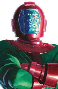 1boy absurdres alex_ross avengers_(series) blue_skin bodysuit brown_eyes colored_skin comic_cover cover cover_page crossed_arms gloves green_bodysuit helmet highres kang_the_conqueror looking_at_viewer looking_down male_focus marvel official_art one_eye_in_shadow pink_gloves pink_helmet realistic solo upper_body western_comics_(style) white_background