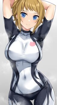 1girl arms_behind_head arms_up black_bodysuit blue_eyes bodysuit breasts brown_hair closed_mouth commentary_request contrapposto covered_collarbone covered_navel cowboy_shot grey_background gundam gundam_build_fighters gundam_build_fighters_try highres hoshino_fumina large_breasts looking_at_viewer multicolored_bodysuit nirowata ponytail short_hair short_sleeves sidelocks smile solo standing steaming_body sweat taut_bodysuit thigh_gap two-tone_bodysuit white_bodysuit