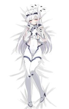 1girl absurdres battlesuit black_halo blue_archive blush bodysuit breasts choon_sik2 commentary_request earclip gloves halo head-mounted_display head-mounted_display_lift highres himari_(armed)_(blue_archive) himari_(blue_archive) jacket korean_commentary long_hair looking_at_viewer mole mole_under_eye multicolored_halo official_alternate_costume pointy_ears purple_eyes small_breasts smile solo two-tone_halo white_bodysuit white_hair