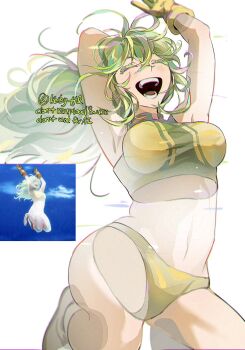 1girl anime_screenshot_inset armpits bikini blonde_streaks boku_no_hero_academia breasts buruma closed_eyes commentary derivative_work fluffy_hair gloves green_buruma green_eyes green_hair green_sports_bra hagakure_toru highres korean_commentary kuby_hq light_blush long_hair medium_breasts multicolored_hair navel pink_streaks screenshot_inset screenshot_redraw see-through_body simple_background smile sports_bra swimsuit twitter_username white_background