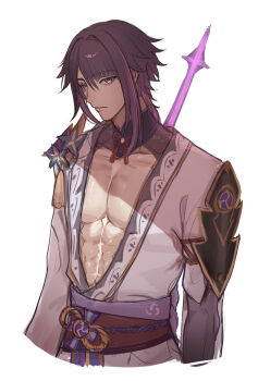 1boy alternate_costume alternate_universe armor artist_name bishounen blue_flower braid brown_hair collarbone commentary_request flower genderswap genderswap_(ftm) genshin_impact haze_(ha_ze) highres holding holding_behind_back holding_polearm holding_polearm_behind_back holding_weapon holding_weapon_behind_back japanese_clothes large_pectorals long_hair looking_at_viewer male_focus mitsudomoe_(shape) mole mole_under_eye muscular muscular_male obi obiage obijime open_mouth parted_lips pectorals polearm purple_eyes purple_flower raiden_shogun sash shoulder_armor simple_background solo tassel tomoe_(symbol) toned toned_male upper_body watermark weapon white_background