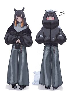 1girl absurdres bag baggy_pants belt black_jacket black_shoes blunt_bangs blush closed_eyes closed_mouth commentary english_text floomf full_body gold_necklace gradient_hair grey_pants grey_shirt hand_in_pocket handbag head_tilt highres holding holding_bag hololive hood hooded_jacket jacket jewelry long_hair looking_at_viewer mole mole_under_eye multicolored_hair multiple_views necklace ninomae_ina&#039;nis orange_hair pants partially_unzipped pointy_ears purple_hair shadow shirt shoes sidelocks simple_background smile snow snow_on_body snow_on_head standing straight-on takodachi_(ninomae_ina&#039;nis) tentacle_hair turtleneck very_long_hair virtual_youtuber white_background