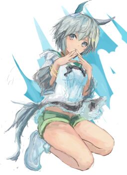 1girl animal_ears blue_eyes bracelet choker closed_mouth ear_covers flower green_sailor_collar green_shorts grey_hair hair_between_eyes hair_flower hair_ornament hairclip horse_ears horse_girl horse_tail jewelry long_sleeves looking_at_viewer midriff_peek sailor_collar seiun_sky_(reeling_in_the_big_one)_(umamusume) seiun_sky_(umamusume) shirt shoes short_hair shorts single_ear_cover smile solo sunflower sunflower_hair_ornament tail umamusume white_shirt yanagi_wakana
