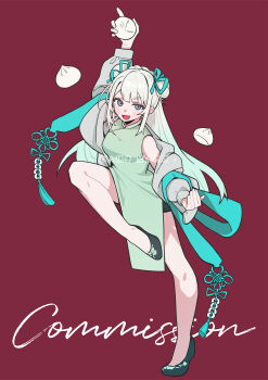 1girl aqua_hair arm_up blue_eyes breasts china_dress chinese_clothes chinese_commentary chinese_knot chinese_text coin commentary_request double_bun dress food full_body green_dress hair_bun highres holed_coin jacket leg_up long_hair looking_at_viewer multicolored_hair off_shoulder open_mouth original red_background shorts simple_background smile solo standing standing_on_one_leg steamed_bun tingliang white_hair