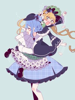 2girls black_capelet black_hat blonde_hair blue_hair blue_skirt blush bonnet braid braided_hair_rings capelet carrying carrying_over_shoulder carrying_person clenched_hands closed_eyes commentary_request deerstalker dress feet_out_of_frame flailing frilled_skirt frills green_dress green_eyes hair_rings hat highres lolita_fashion long_hair long_sleeves mahou_shoujo_no_majo_saiban mint_onyo multiple_girls open_mouth outstretched_arms plaid_clothes plaid_skirt short_hair simple_background skirt smile standing tachibana_sherry tono_hanna twintails