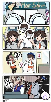 2boys 2girls alternate_hairstyle arven_(pokemon) bathroom black_hair braid brown_hair collared_shirt dark-skinned_female dark_skin e123oo florian_(pokemon) freckles green_hair hair_salon hairstyle_switch highres juliana_(pokemon) long_hair multicolored_hair multiple_boys multiple_girls naranja_academy_school_uniform necktie nemona_(pokemon) nintendo open_mouth pantyhose pokemon pokemon_sv ponytail school_uniform shirt short_sleeves shorts two-tone_hair urinal white_shirt