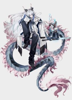 Rule 34 | 1boy, absurdres, arknights, black pants, blue hair, blue hands, coat, colored extremities, colored tips, dragon boy, dragon horns, dragon tail, full body, highres, holding, holding sword, holding weapon, horns, knees up, male focus, multicolored hair, pants, pink eyes, pink hair, pointy ears, sidelocks, simple background, smile, solo, sushisushi iiii, sword, tail, weapon, white background, white coat, white hair, yi (arknights)