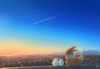 alternate_color beak bird blue_sky brown_fur closed_eyes closed_mouth cloud commentary_request contrail eevee gen_1_pokemon highres natu_a0z0ra nintendo no_humans orange_sky outdoors pidgey pokemon pokemon_(creature) shiny_pokemon sitting sky sparkle star_(sky) sunrise tail