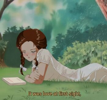 1girl artist_request blush book brown_hair dolores_haze_(nabokov's_lolita) grass loli lowres lying on_stomach outdoors rain solo source_request subtitled tagme thighs twintails wet wet_clothes