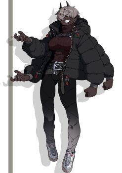 1girl belt black_jacket black_pants breasts buckle clenched_hands commentary_request dark-skinned_female dark_skin drawstring drop_shadow extra_arms full_body grin hair_over_eyes highres horns jacket large_breasts multiple_belts open_clothes open_jacket original padded_jacket pants pointy_ears ribbed_sweater sharp_teeth shoelaces shoes short_hair simple_background smile solo strap sweater teeth tight_clothes tight_pants turtleneck turtleneck_sweater white_background yoshimaro zipper zipper_pull_tab