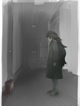 1girl asymmetrical_footwear bag blunt_bangs coat commentary_request full_body gloves green_coat green_eyes green_hair green_pantyhose highres hiyajou_maho indoors long_hair long_sleeves looking_at_object looking_down menomorute messy_hair mismatched_footwear pantyhose science_adventure solo standing steins;gate steins;gate_0 thick_eyebrows very_long_hair white_gloves winter_clothes winter_coat