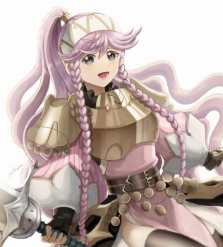 1girl armor artist_name belt black_gloves black_thighhighs boots braid braided_sidelocks breastplate brown_belt commentary fingerless_gloves fire_emblem fire_emblem_awakening fire_emblem_heroes gloves grey_eyes hairband high_ponytail holding holding_sword holding_weapon knee_boots light_blush long_hair long_sidelocks looking_at_viewer nintendo official_alternate_costume olivia_(fire_emblem) olivia_(sky-high_dancer)_(fire_emblem) open_mouth pelvic_curtain pink_hair pochi_(furaigonn) ponytail puffy_sleeves shoulder_armor sidelocks smile solo striped_clothes sword thighhighs thighs twin_braids untranslatable_commentary very_long_hair very_long_sidelocks weapon white_background white_hairband