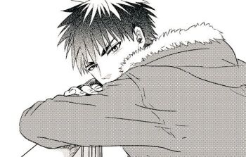 Rule 34 | 1boy, blush, commentary request, forked eyebrows, fur-trimmed hood, fur trim, greyscale, hood, hooded jacket, jacket, kagami taiga, kuroko no basuke, long sleeves, male focus, mochimochi96, monochrome, railing, short hair, simple background, solo, upper body, white background