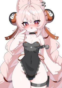 1girl absurdres alternate_costume animal_ears bare_shoulders black_choker black_leotard blush braid breasts bright_pupils choker cleavage collarbone covered_navel furry furry_female highres kyojiri_loli leotard loli long_hair looking_at_viewer pink_hair red_eyes simple_background small_breasts solo thigh_strap twin_braids very_long_hair w.k white_background white_pupils zenless_zone_zero zhao_(zenless_zone_zero)