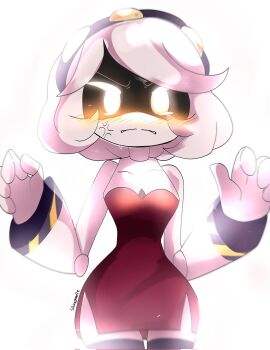 1girl angry blush dress glitch_productions highres murder_drones no_humans red_dress robot robot_girl sharp_teeth short_hair tail teeth thighhighs v_(murder_drones) yellow_eyes