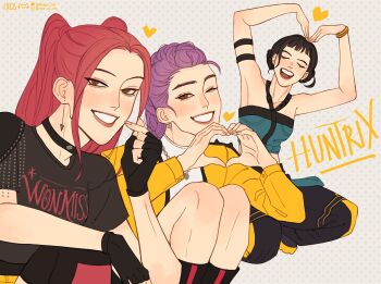 3girls absurdres black_gloves black_hair boots bracelet brown_eyes choker double_bun earrings fingerless_gloves gloves hair_bun halterneck hashtag-only_commentary heart heart_arms heart_hands highres instagram_username jacket jewelry kpop_demon_hunters looking_at_viewer michiix_cas mira_(kpop_demon_hunters) multiple_girls one_eye_closed pink_hair pink_lips purple_hair rumi_(kpop_demon_hunters) short_bangs sidelocks smile squatting twitter_username yellow_jacket zoey_(kpop_demon_hunters)