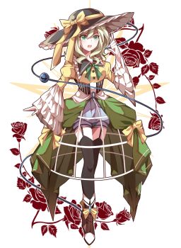 1girl black_hat black_thighhighs bow commentary_request floral_print flower green_hair green_skirt hat hat_bow highres komeiji_koishi long_sleeves medium_hair nymphus open_mouth red_flower red_rose rose rose_print simple_background skirt solo teeth thighhighs touhou upper_teeth_only w white_background wide_sleeves yellow_bow