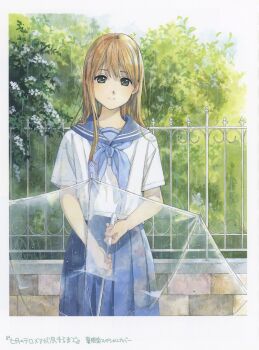 Rule 34 | absurdres, blue neckerchief, blue sailor collar, blue skirt, border, brown hair, character request, closed mouth, copyright name, cowboy shot, fence, flower, foliage, grey eyes, highres, holding, holding umbrella, horiguchi yukiko, iron fence, light smile, looking at viewer, neckerchief, novel illustration, official art, outdoors, pleated skirt, sailor collar, scan, school uniform, serafuku, shichigatsu no tamashii telomere ga tsukiru made, shirt, short sleeves, skirt, transparent, transparent umbrella, umbrella, white border, white flower, white shirt