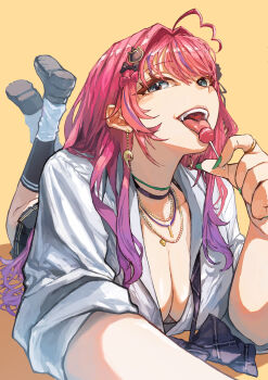 1girl absurdres ahoge ankle_socks black_choker black_skirt blue_eyes bow bowtie breasts candy cat_hair_ornament choker cleavage commentary_request earrings food foreshortening glint gold_necklace green_nails gyaru hair_between_eyes hair_intakes hair_ornament highres holding holding_candy holding_food holding_lollipop jewelry kuramochi_meruto kuramochi_meruto_(school_uniform) large_breasts leg_warmers legs_up licking_food loafers lollipop long_hair looking_at_viewer loose_bowtie loose_necktie loose_socks lying maaka_4441 mini_hair_bow multicolored_hair multiple_necklaces nail_polish necklace necktie nijisanji on_stomach open_mouth pink_hair purple_streaks school_uniform shirt shoes simple_background skirt socks solo streaked_hair tongue tongue_out two-tone_hair virtual_youtuber white_leg_warmers white_shirt yellow_background