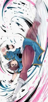 1girl blue_dress boots bracelet breasts brown_eyes brown_hair brown_pantyhose bun_cover capcom china_dress chinese_clothes chun-li double_bun dress hair_bun high_kick jewelry kicking kinakomochi_(user_vedc2333) large_breasts looking_at_viewer motion_lines pantyhose puffy_sleeves short_hair short_sleeves side_slit spiked_bracelet spikes standing standing_on_one_leg street_fighter white_background white_boots