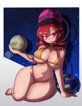 1girl absurdres artist_name barefoot bikini breasts chain collar commentary covered_erect_nipples dated earth_(ornament) elfabienst english_commentary gold_bikini gold_chain headgear hecatia_lapislazuli highres large_breasts long_hair moon_(ornament) navel reclining red_eyes red_hair side-tie_bikini_bottom solo space swimsuit thick_thighs thighs toes touhou underworld_(ornament) variant_set wide_hips