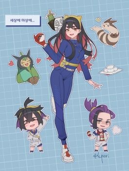 1boy 1girl arm_up black_hair blue_background blue_jacket blue_pants breasts brother_and_sister chibi chibi_inset closed_eyes commentary_request crossed_bangs furret gen_2_pokemon grid_background hairband heart highres holding holding_poke_ball jacket kieran_(pokemon) korean_commentary korean_text kyuri_(suika) long_hair long_sleeves medium_breasts mole mole_under_eye multicolored_hair multiple_views nintendo ogerpon open_mouth pants poke_ball poke_ball_(basic) pokemon pokemon_(creature) pokemon_sv puff_of_air purple_hair red_hair red_tank_top shoes shorts siblings simple_background sinistcha standing standing_on_one_leg tank_top translation_request white_jacket white_shoes white_shorts yellow_hairband
