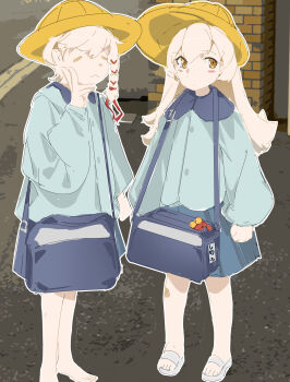 Rule 34 | 2girls, :3, = =, absurdres, arms at sides, bag, bare legs, barefoot, blonde hair, blue bag, blue shirt, blue skirt, blush stickers, braid, brick wall, buttons, clenched hand, closed eyes, closed mouth, commentary request, contrast collar, deathtopia virtuoso suicide-master, dot mouth, dot nose, expressionless, flipped hair, hair between eyes, hair ribbon, hand up, hat, highres, kindergarten bag, kindergarten uniform, long hair, long sleeves, monogatari (series), multiple girls, orange eyes, oshino shinobu, outdoors, outline, peter pan collar, puffy long sleeves, puffy sleeves, red ribbon, ribbon, ringed eyes, road, sandals, school hat, shirt, shishirui san, short hair, side-by-side, side braid, sidelocks, skirt, standing, street, tress ribbon, v, white outline, yellow hat