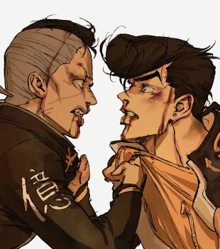 Rule 34 | 2boys, angry, arm up, black coat, black hair, blood, blood from mouth, bruise, clenched teeth, clothes grab, coat, diamond wa kudakenai, eye contact, furious, grabbing another's shirt, hashtag-only commentary, higashikata josuke, highres, injury, jojo no kimyou na bouken, long sleeves, looking at another, male focus, multiple boys, nijimura okuyasu, nosebleed, pompadour, profile, santamanymany, shirt, short hair, simple background, teeth, white background, wide-eyed, yellow shirt, yen sign