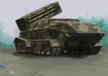 camouflage caterpillar_tracks front_mission highres military military_vehicle missile_pod multiple_launch_rocket_system no_humans outdoors tyokugekidato vehicle_focus woodland_camouflage