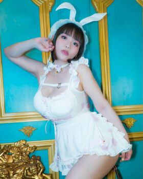 1girl breasts brown_eyes brown_hair collar dress fake_bunny_ears female_focus headband highres instrument large_breasts looking_at_viewer medium_hair model photo_(medium) real_life shibuya_kaho smile solo violin white_dress white_headband